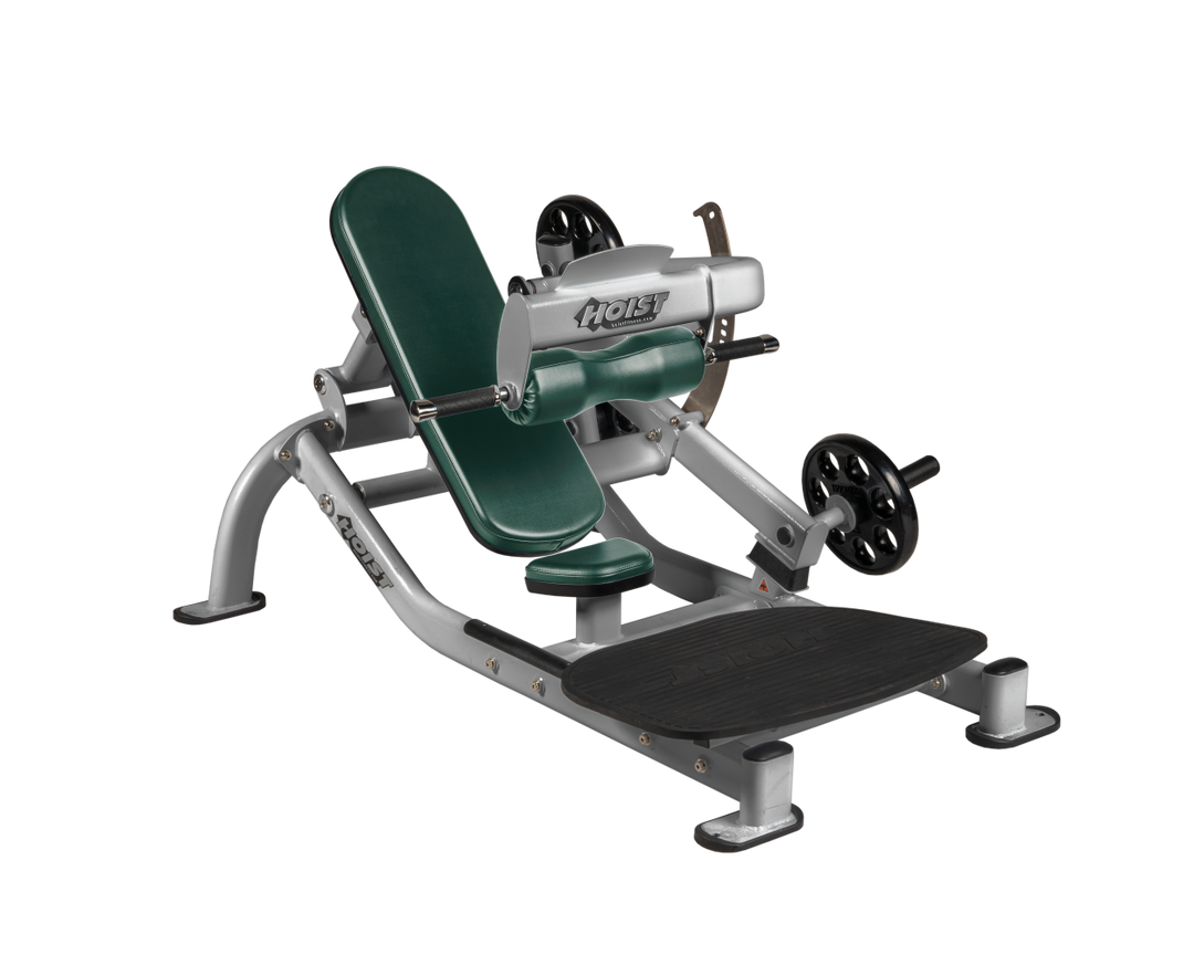 Angled view of HGR Platinum glute thrust machine showing foot platform, seat, and weight plate loading positions