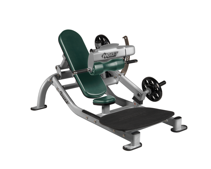 Angled view of HGR Platinum glute thrust machine showing foot platform, seat, and weight plate loading positions