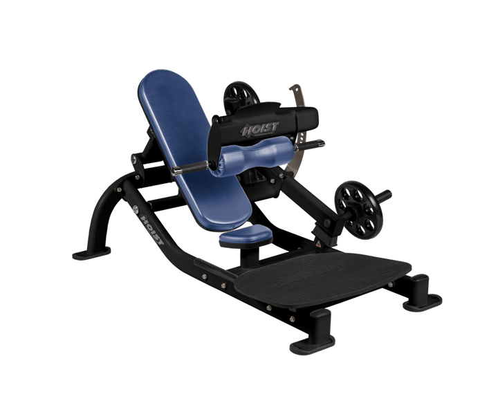Angled view of RYL Matte Black glute thrust machine showing foot platform, seat, and weight plate loading positions