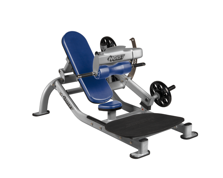Angled view of RYL Platinum glute thrust machine showing foot platform, seat, and weight plate loading positions