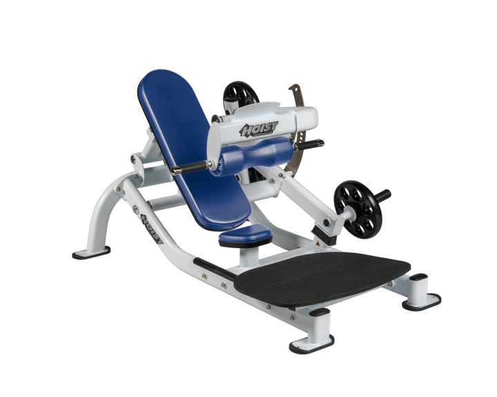 Angled view of RYL White  glute thrust machine showing foot platform, seat, and weight plate loading positions