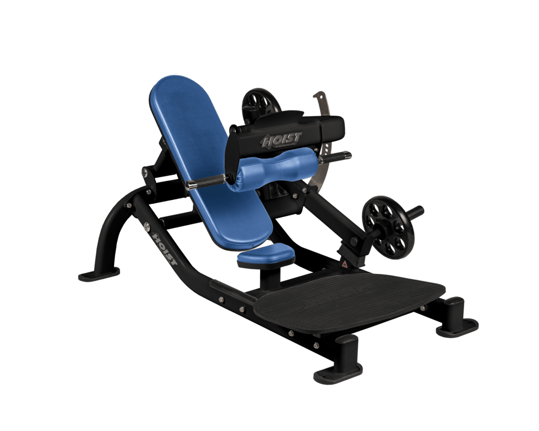 Angled view of SKY Matte Black glute thrust machine showing foot platform, seat, and weight plate loading positions