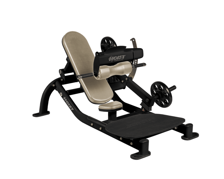 Angled view of SUE Black glute thrust machine showing foot platform, seat, and weight plate loading positions