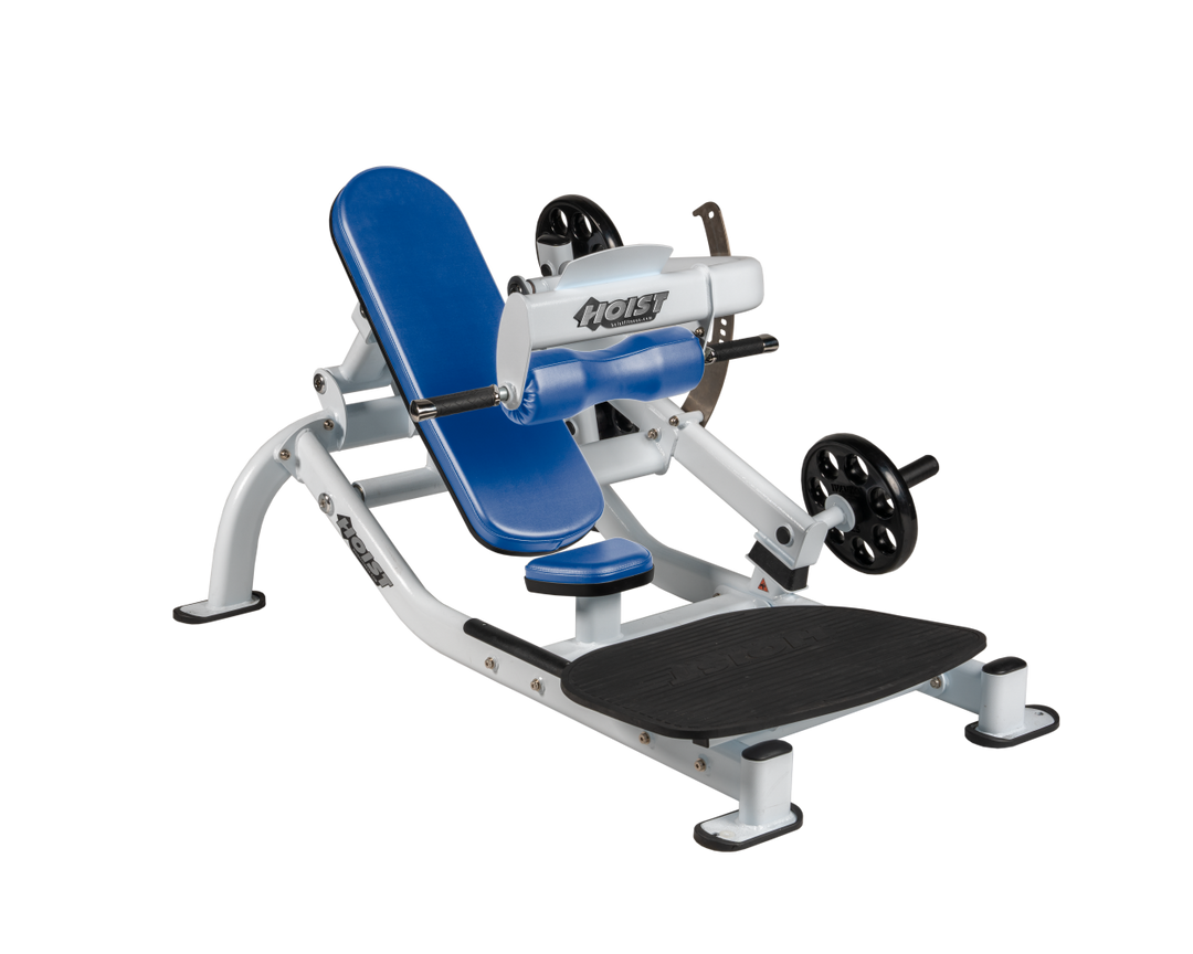 Angled view of SKY White glute thrust machine showing foot platform, seat, and weight plate loading positions