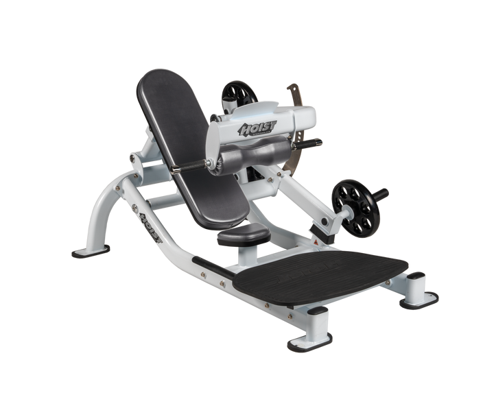 Angled view of SLG White glute thrust machine showing foot platform, seat, and weight plate loading positions