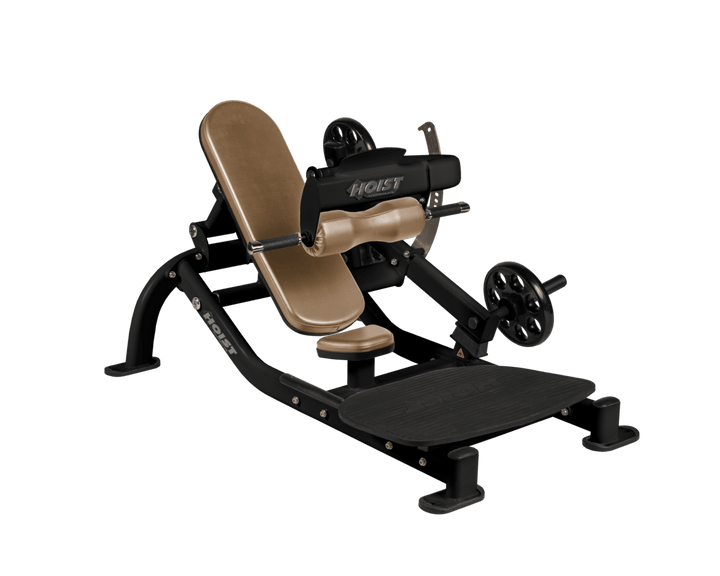 Angled view of WHT Matte Black glute thrust machine showing foot platform, seat, and weight plate loading positions