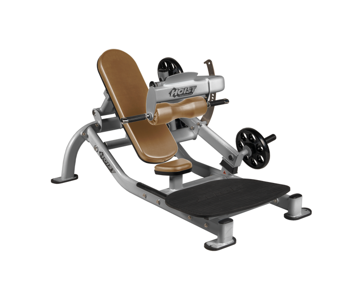 Angled view of WHT Platinum glute thrust machine showing foot platform, seat, and weight plate loading positions