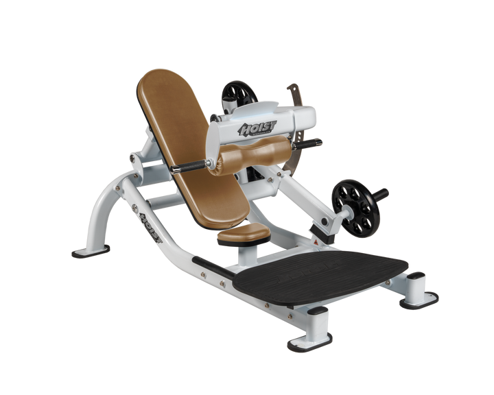 Angled view of WHT White glute thrust machine showing foot platform, seat, and weight plate loading positions