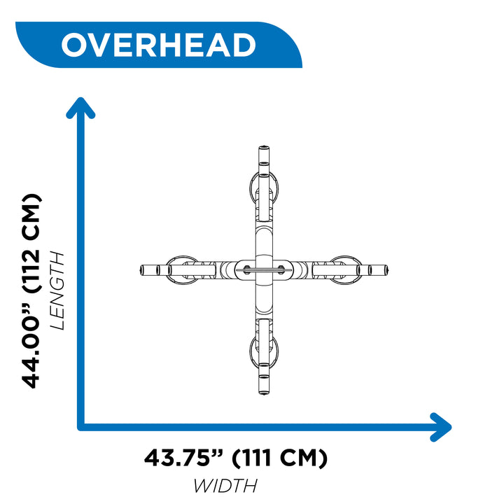 Overhead diagram of four-sided plate tree showing 44 inch length and 43.75 inch width dimensions
