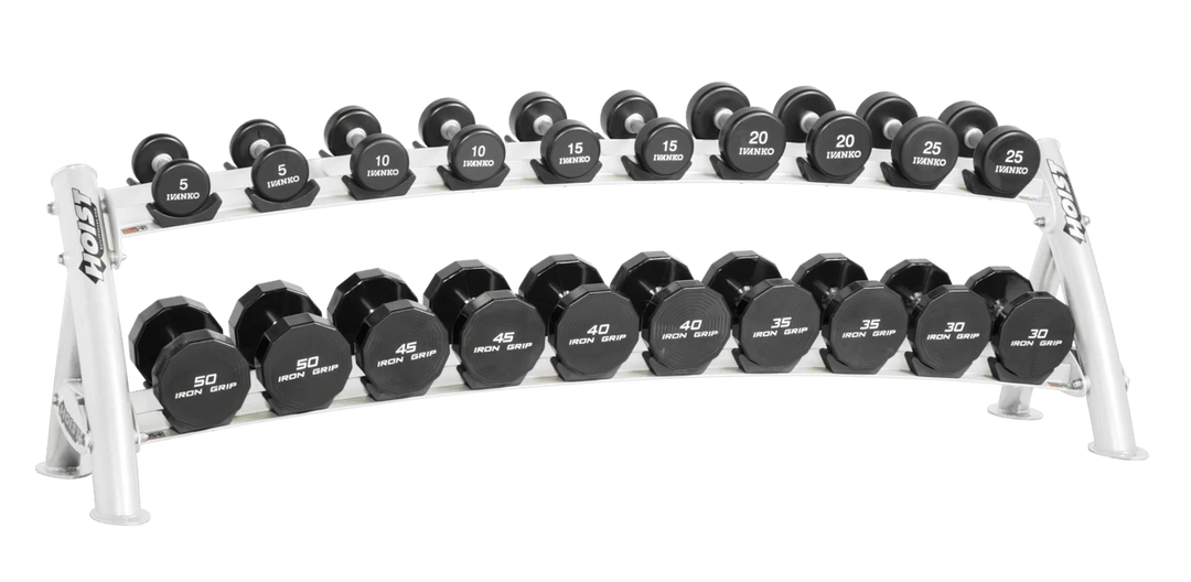 Two-tier white horizontal dumbbell rack designed to hold multiple pairs of dumbbells in a space-efficient layout