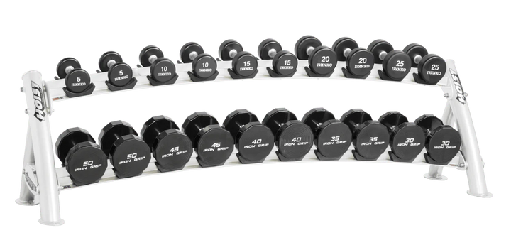 Two-tier white horizontal dumbbell rack designed to hold multiple pairs of dumbbells in a space-efficient layout