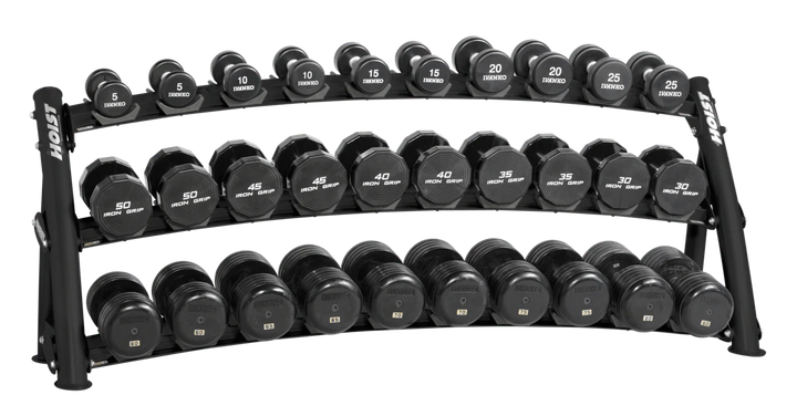 Three-tier matte black curved dumbbell rack fully loaded with dumbbells for high-capacity commercial storage