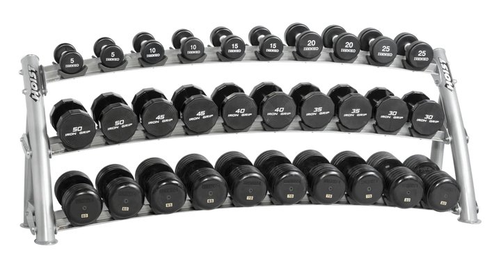 Three-tier platinum curved dumbbell rack fully loaded with dumbbells for high-capacity commercial storage