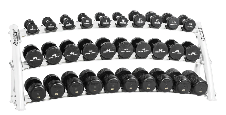 Three-tier white curved dumbbell rack fully loaded with dumbbells for high-capacity commercial storage