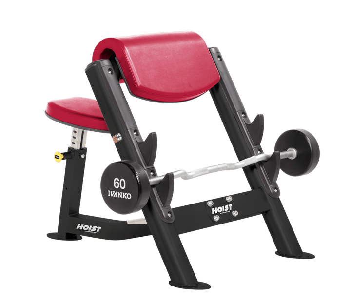 AMB Commercial preacher curl black bench with angled arm pad, seat, and plate-loaded bar for isolated bicep training