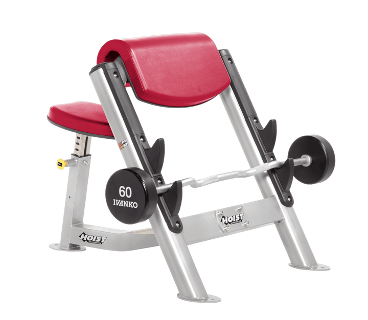 AMB Commercial preacher curl platinum bench with angled arm pad, seat, and plate-loaded bar for isolated bicep training