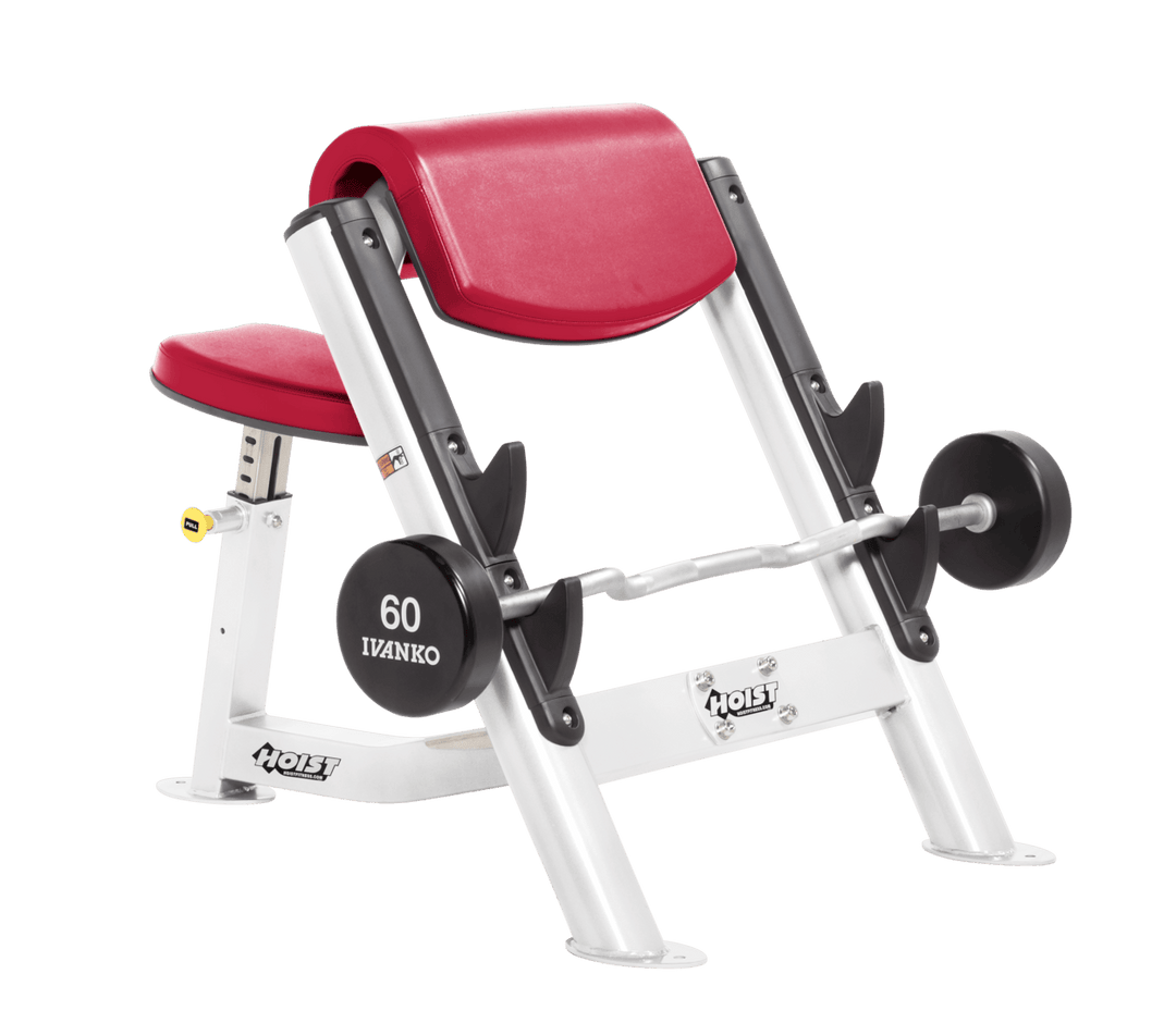 AMB Commercial preacher curl white bench with angled arm pad, seat, and plate-loaded bar for isolated bicep training