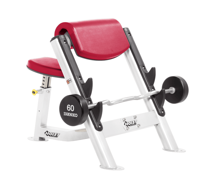 AMB Commercial preacher curl white bench with angled arm pad, seat, and plate-loaded bar for isolated bicep training