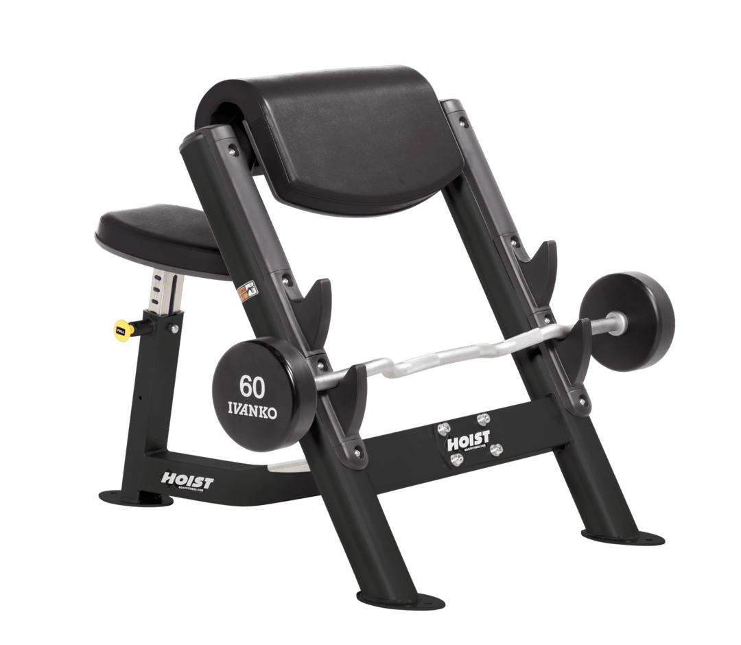 BLK Commercial preacher curl black bench with angled arm pad, seat, and plate-loaded bar for isolated bicep training