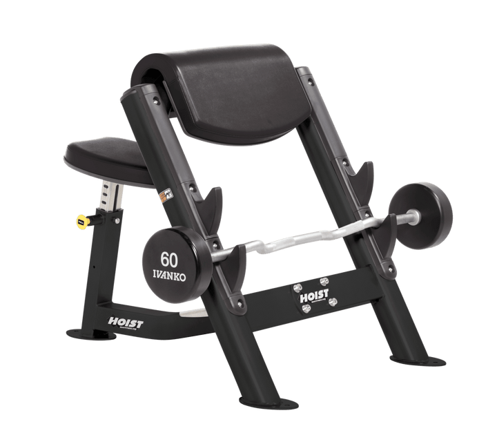 BLK Commercial preacher curl black bench with angled arm pad, seat, and plate-loaded bar for isolated bicep training