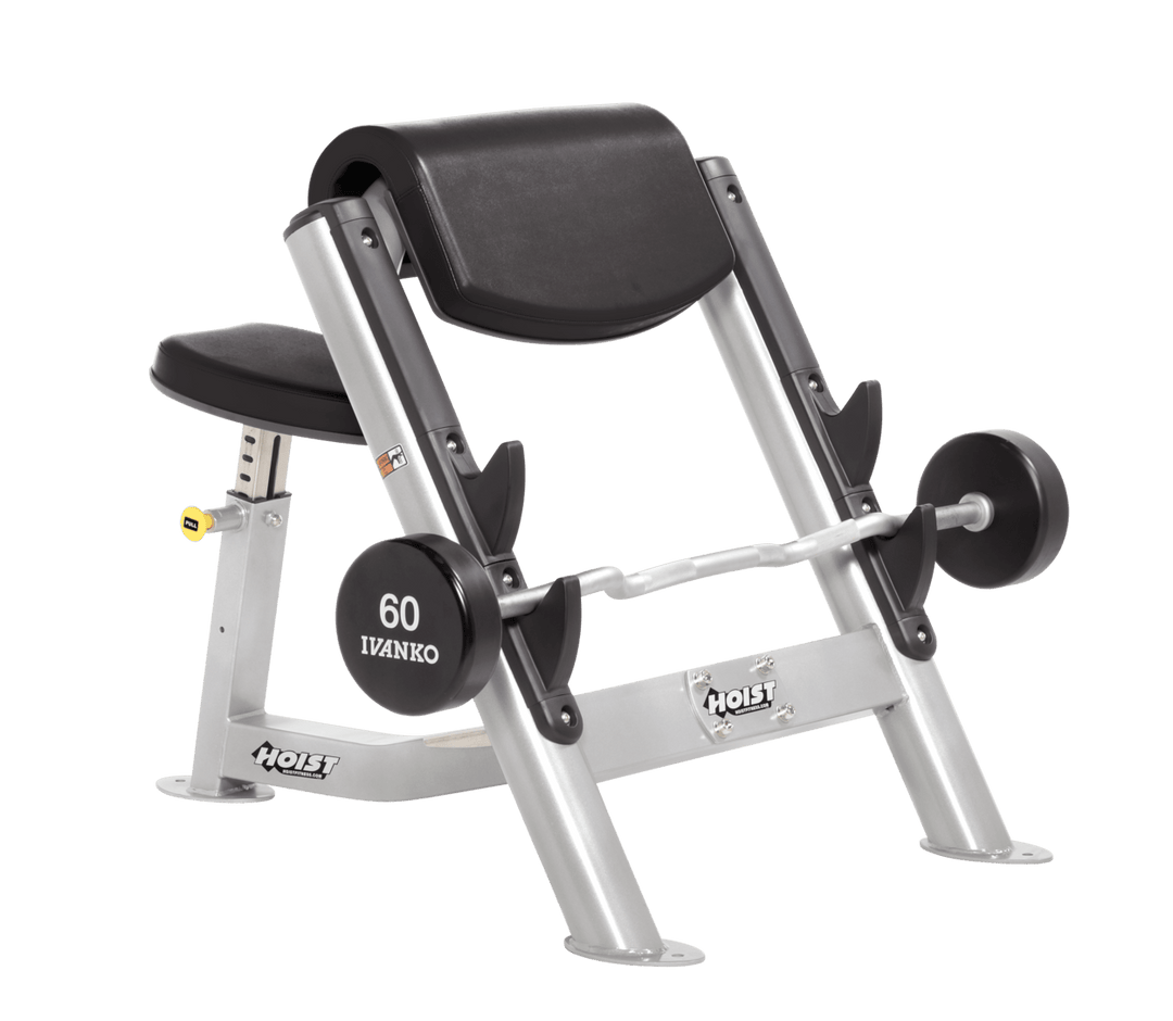 BLK Commercial preacher curl platinum bench with angled arm pad, seat, and plate-loaded bar for isolated bicep training