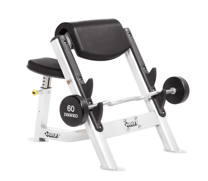 BLK Commercial preacher curl white bench with angled arm pad, seat, and plate-loaded bar for isolated bicep training