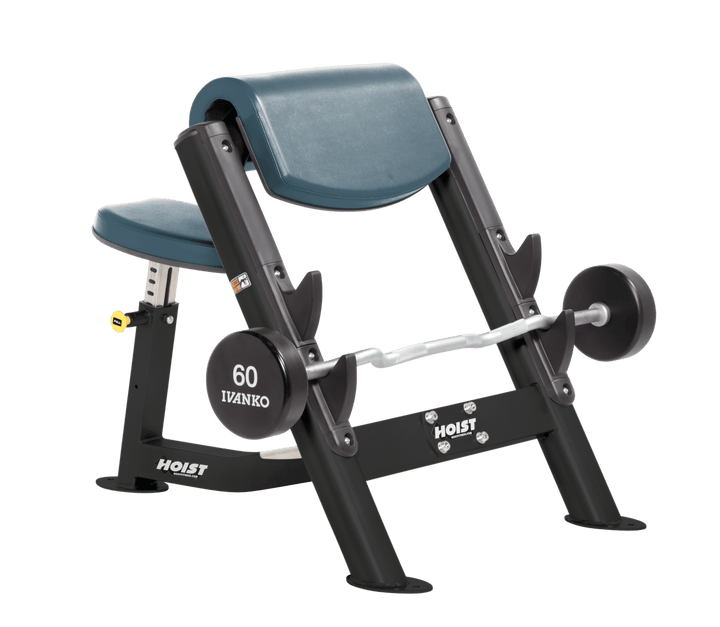 BRD Commercial preacher curl black bench with angled arm pad, seat, and plate-loaded bar for isolated bicep training