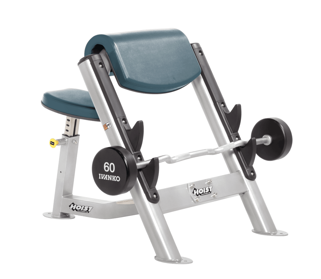 BRD Commercial preacher curl platinum bench with angled arm pad, seat, and plate-loaded bar for isolated bicep training
