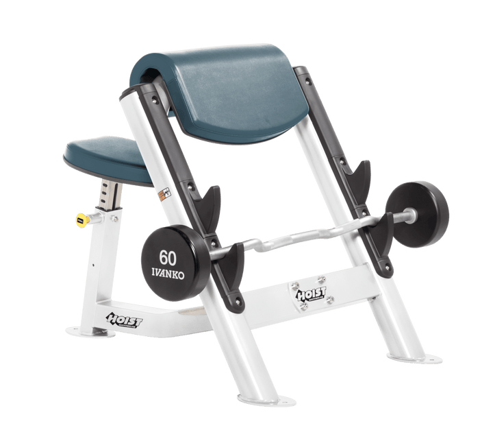 BRD Commercial preacher curl white bench with angled arm pad, seat, and plate-loaded bar for isolated bicep training