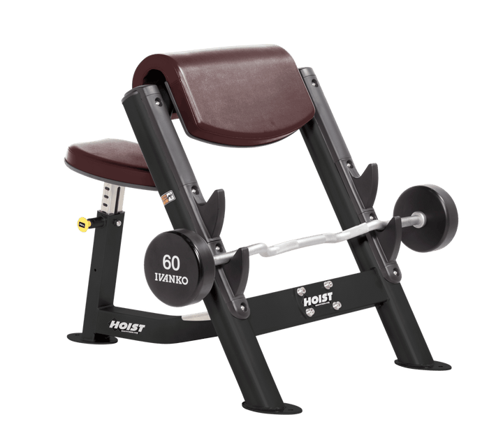BRG Commercial preacher curl black bench with angled arm pad, seat, and plate-loaded bar for isolated bicep training