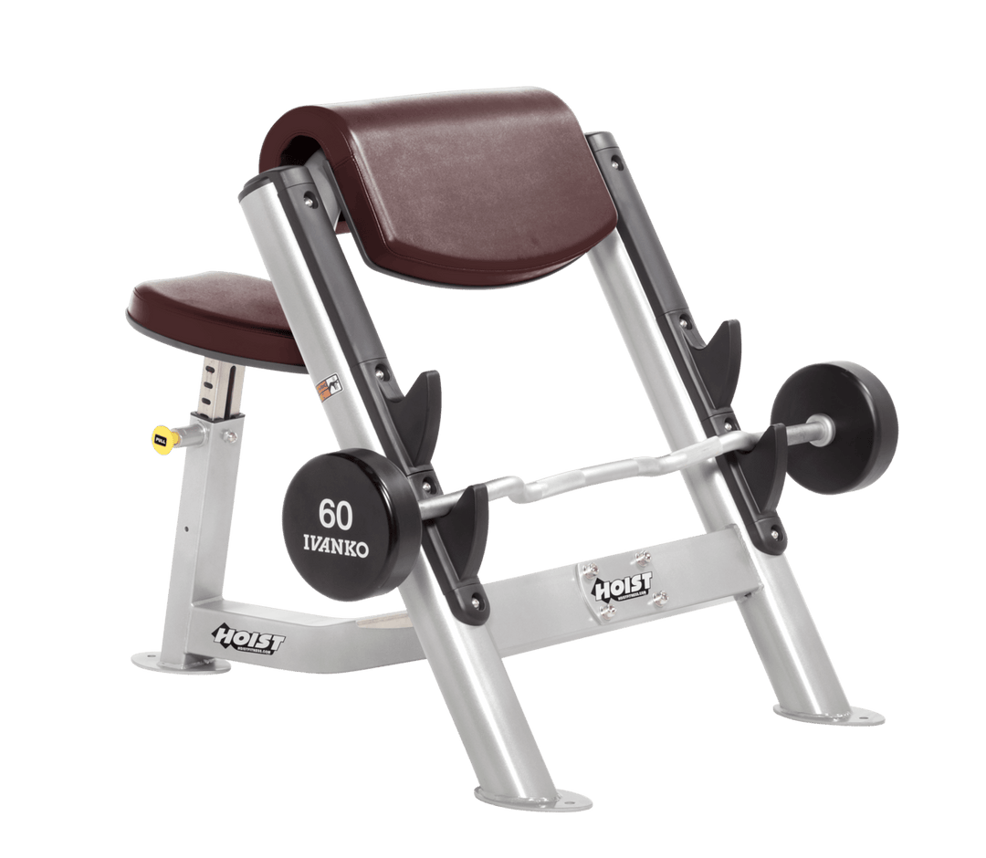 BRG Commercial preacher curl platinum bench with angled arm pad, seat, and plate-loaded bar for isolated bicep training