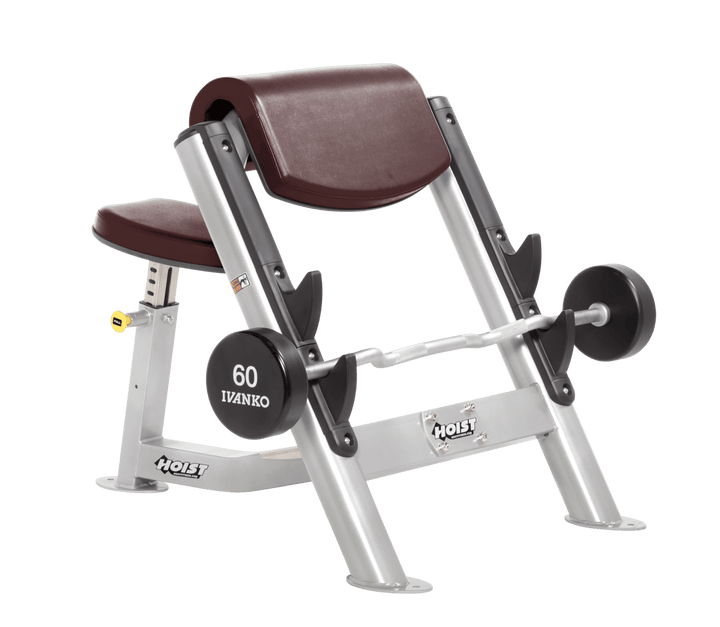 BRG Commercial preacher curl platinum bench with angled arm pad, seat, and plate-loaded bar for isolated bicep training