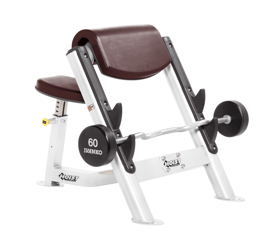 BRG Commercial preacher curl white bench with angled arm pad, seat, and plate-loaded bar for isolated bicep training