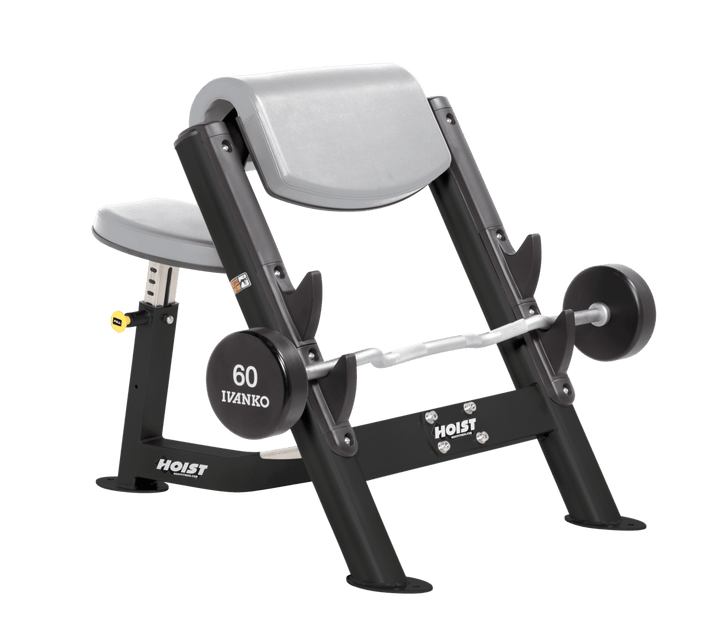 DVG Commercial preacher curl black bench with angled arm pad, seat, and plate-loaded bar for isolated bicep training