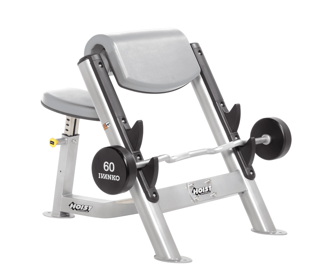 DVG Commercial preacher curl platinum bench with angled arm pad, seat, and plate-loaded bar for isolated bicep training