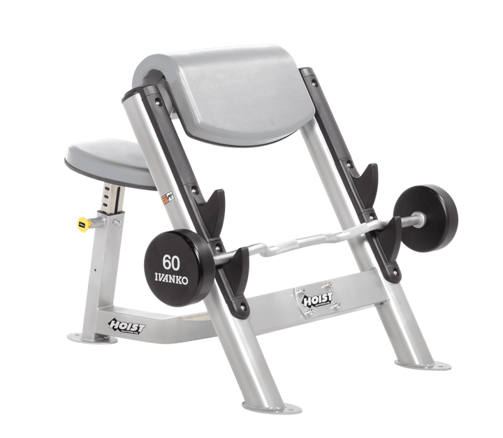 DVG Commercial preacher curl platinum bench with angled arm pad, seat, and plate-loaded bar for isolated bicep training