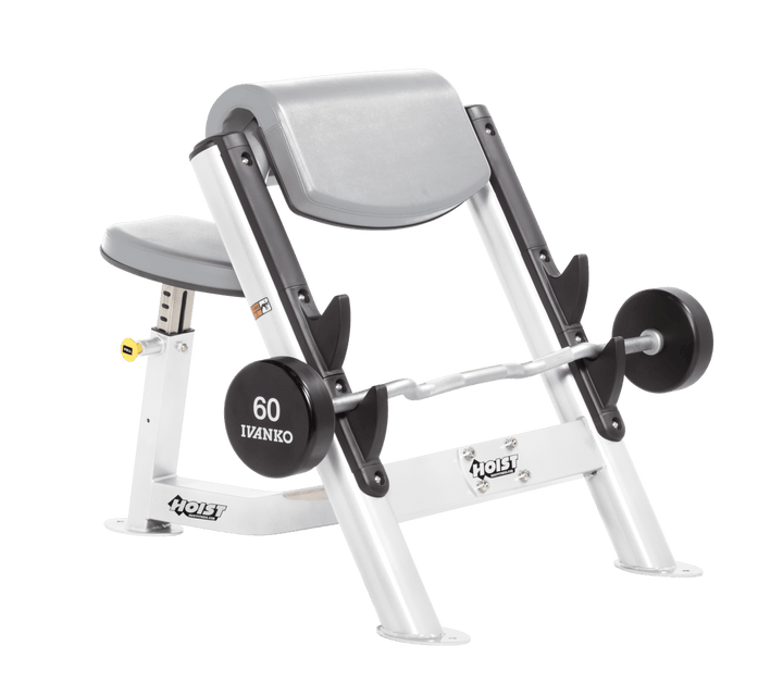 DVG Commercial preacher curl white bench with angled arm pad, seat, and plate-loaded bar for isolated bicep training
