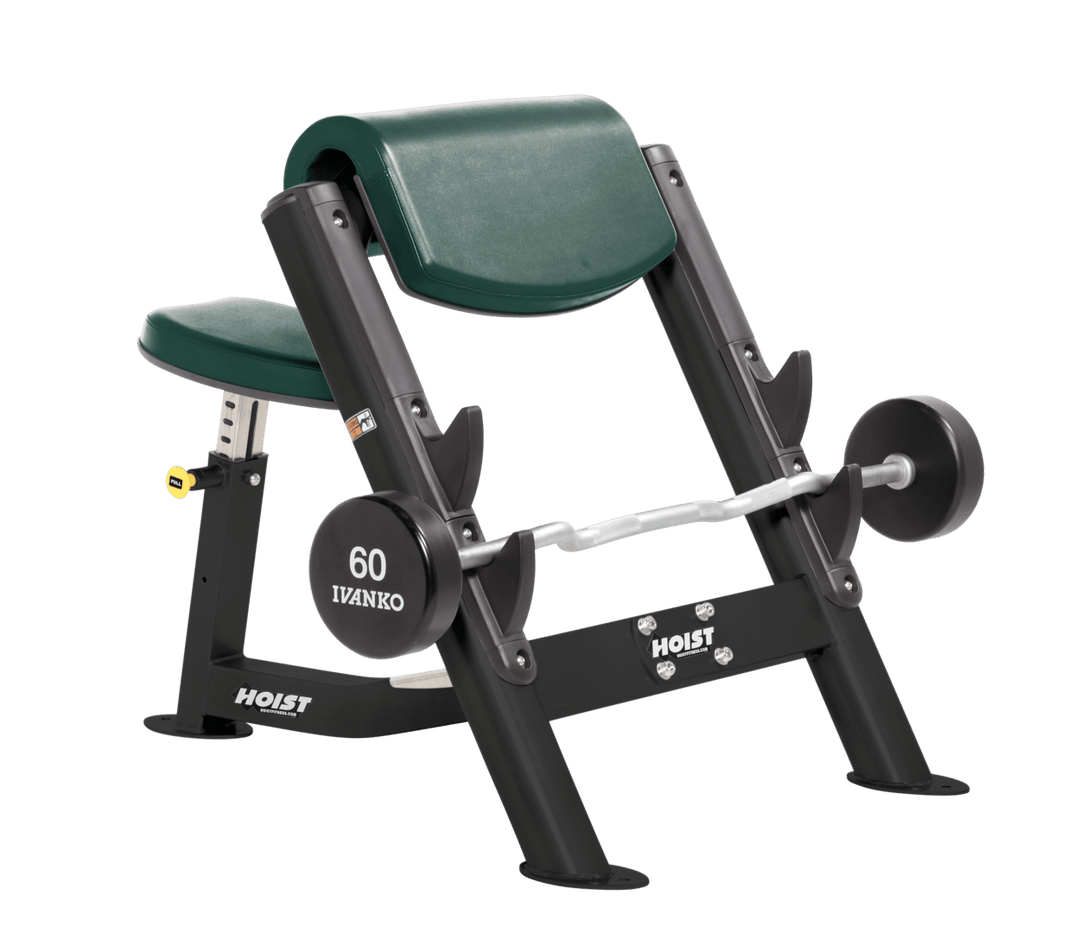 HGR Commercial preacher curl black bench with angled arm pad, seat, and plate-loaded bar for isolated bicep training