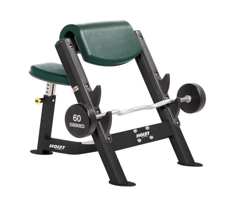 HGR Commercial preacher curl black bench with angled arm pad, seat, and plate-loaded bar for isolated bicep training