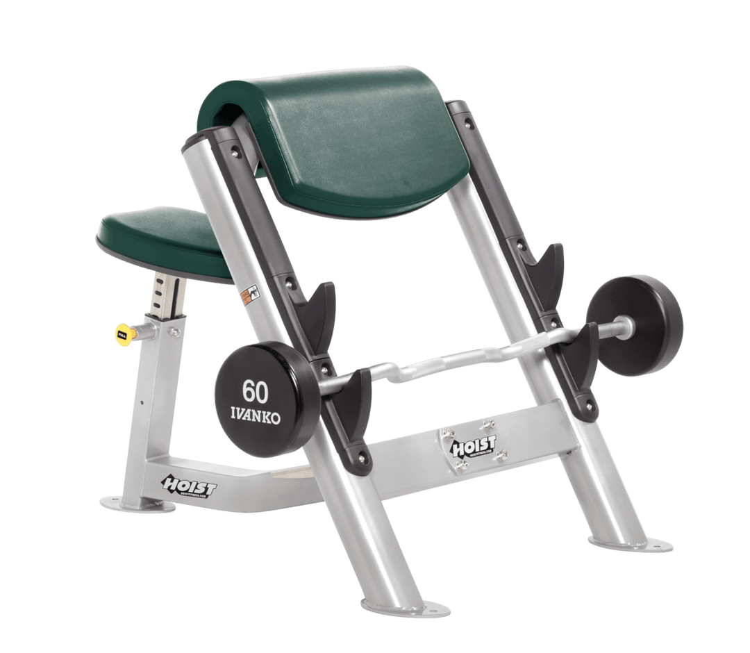 HGR Commercial preacher curl platinum bench with angled arm pad, seat, and plate-loaded bar for isolated bicep training