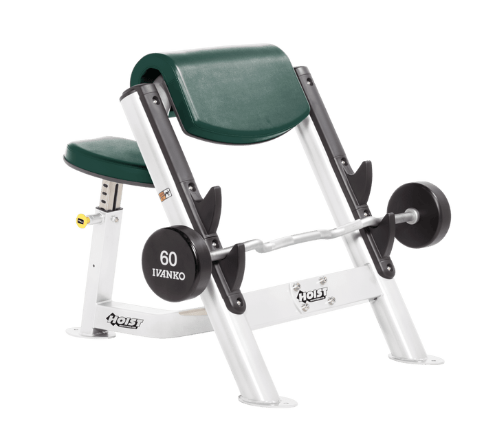 HGR Commercial preacher curl white bench with angled arm pad, seat, and plate-loaded bar for isolated bicep training