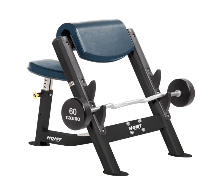 NVY Commercial preacher curl black bench with angled arm pad, seat, and plate-loaded bar for isolated bicep training