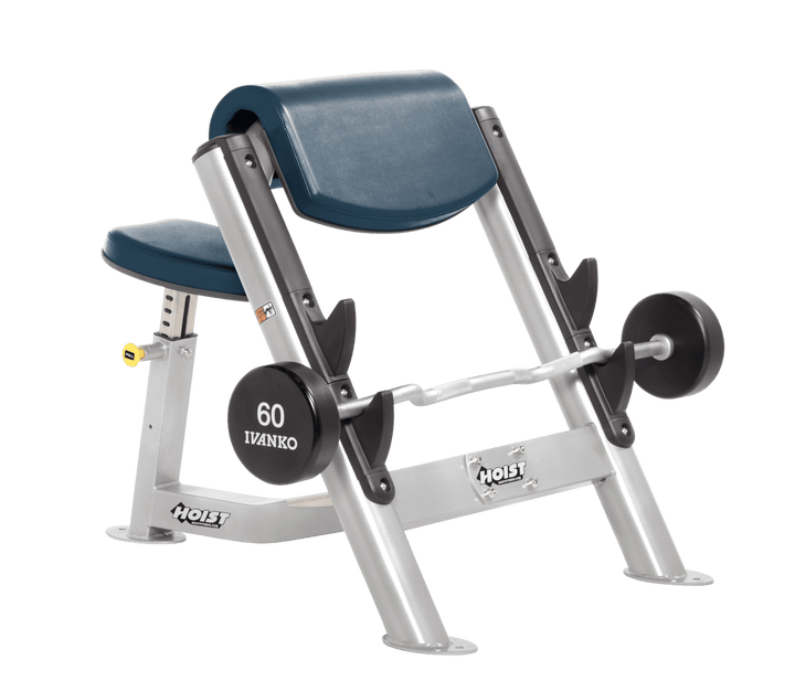 NVY Commercial preacher curl platinum bench with angled arm pad, seat, and plate-loaded bar for isolated bicep training