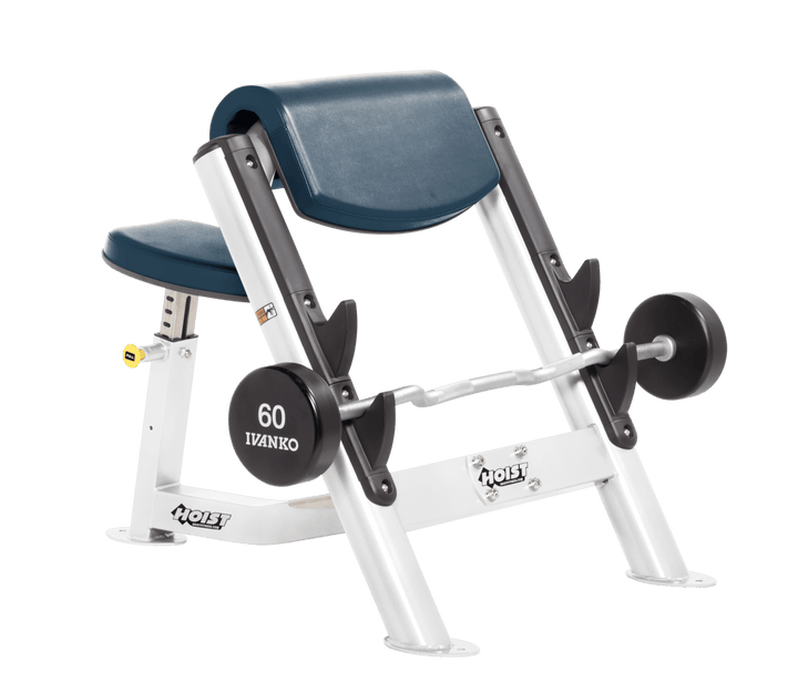 NVY Commercial preacher curl white bench with angled arm pad, seat, and plate-loaded bar for isolated bicep training