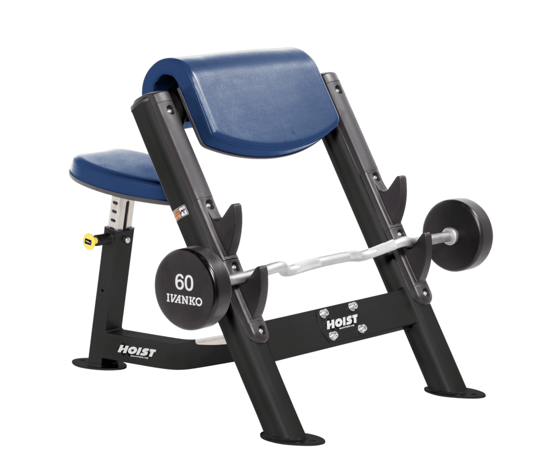 RYL Commercial preacher curl black bench with angled arm pad, seat, and plate-loaded bar for isolated bicep training