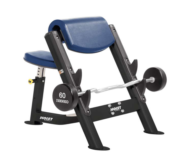 RYL Commercial preacher curl black bench with angled arm pad, seat, and plate-loaded bar for isolated bicep training