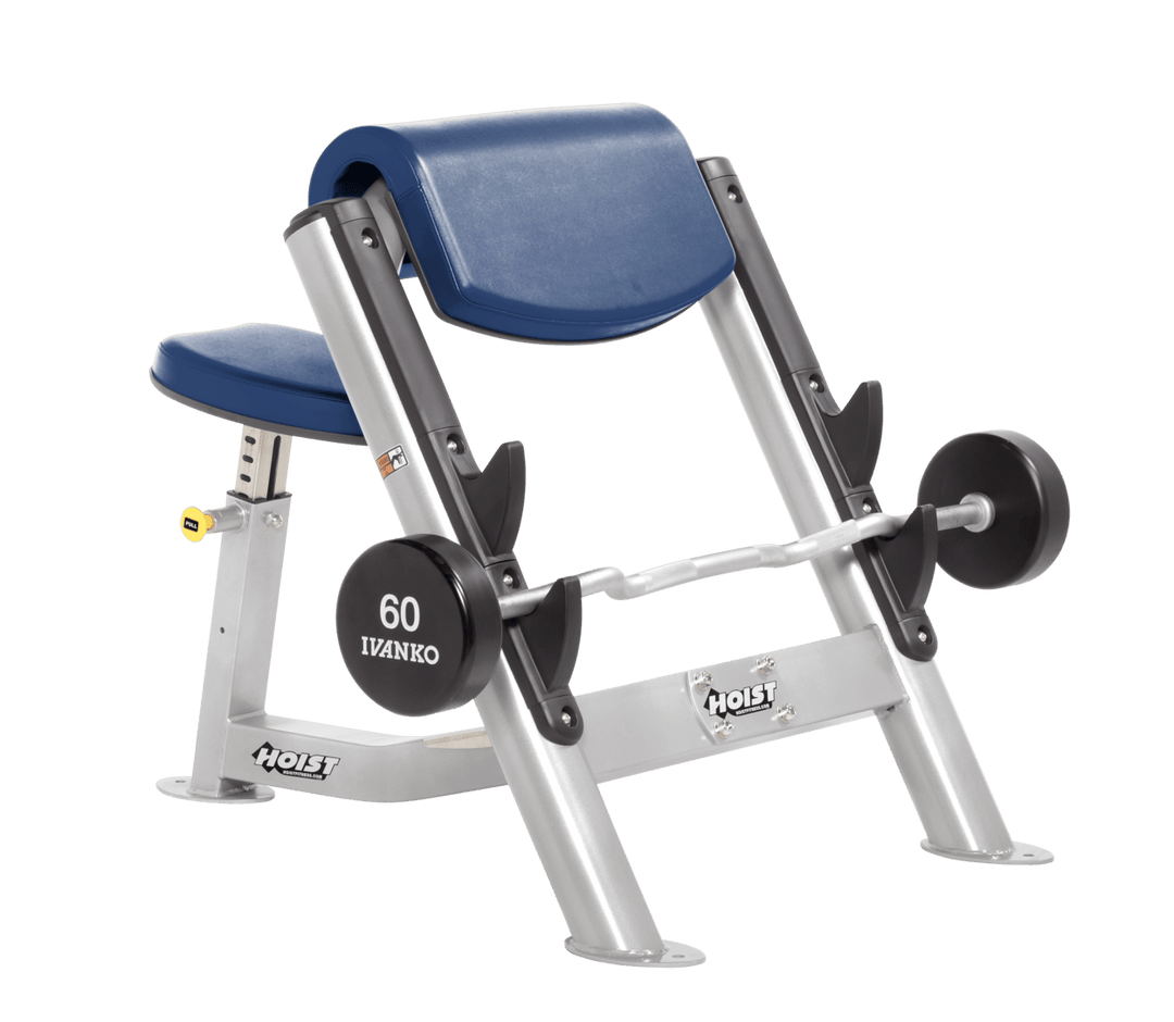 RYL Commercial preacher curl platinum bench with angled arm pad, seat, and plate-loaded bar for isolated bicep training