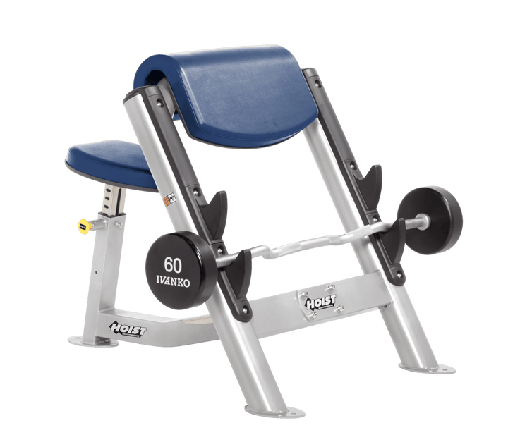 RYL Commercial preacher curl platinum bench with angled arm pad, seat, and plate-loaded bar for isolated bicep training