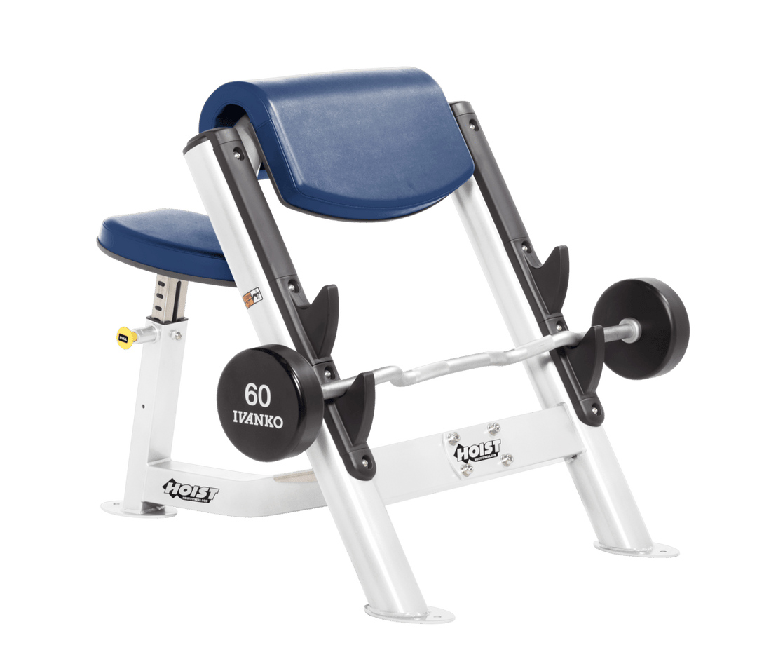 RYL Commercial preacher curl white bench with angled arm pad, seat, and plate-loaded bar for isolated bicep training