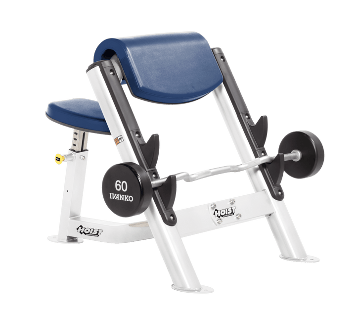 RYL Commercial preacher curl white bench with angled arm pad, seat, and plate-loaded bar for isolated bicep training